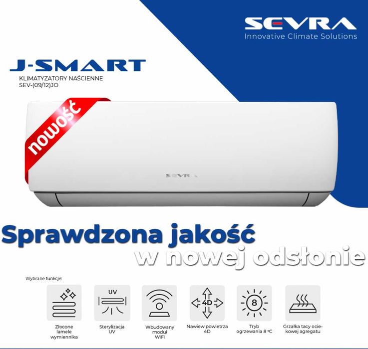 Klimatyzator SEVRA/AUX J-SMART 2,7 kW z montażem, funkcja grzania