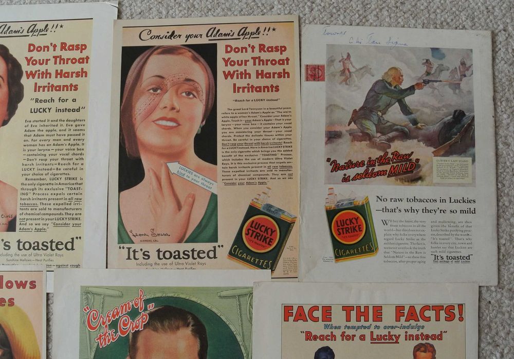 9 reklam prasowych VINTAGE LUCKY STRIKE z lat 1930-33