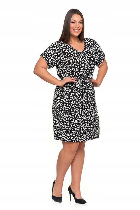 Krótka Sukienka Damska Do Kolan  Zwiewna Czarno Biała Panterka Moraj L