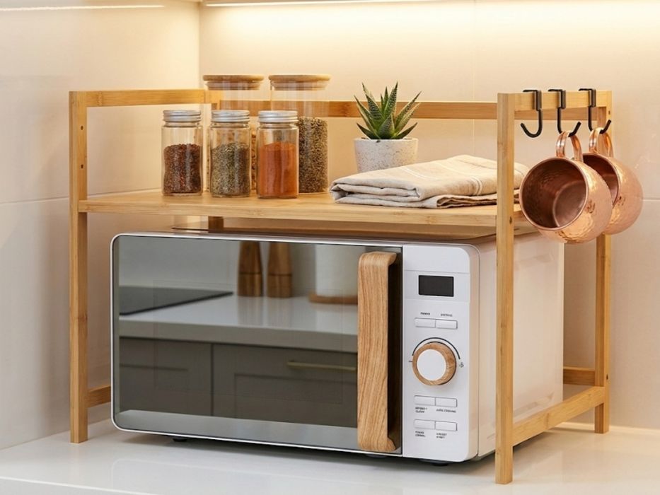 Bambusowa Półka na Mikrofalówkę – Organizer Kuchenny Premium z Regulac