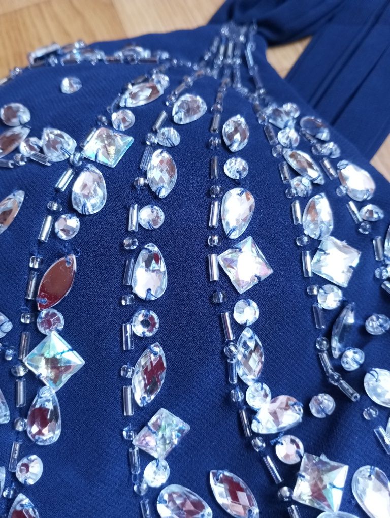 Elegancka długa suknia wieczorowa 36 S cyrkonie,wesele,impreza granat