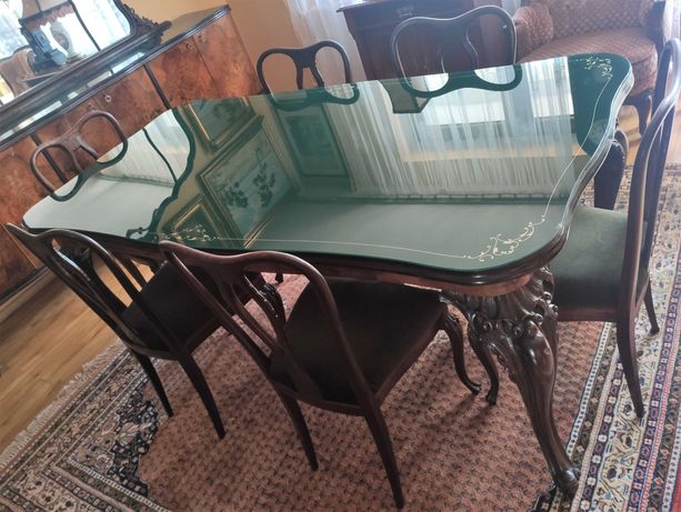 Stół z krzesłami do salonu w stylu chippendale, lata 20.