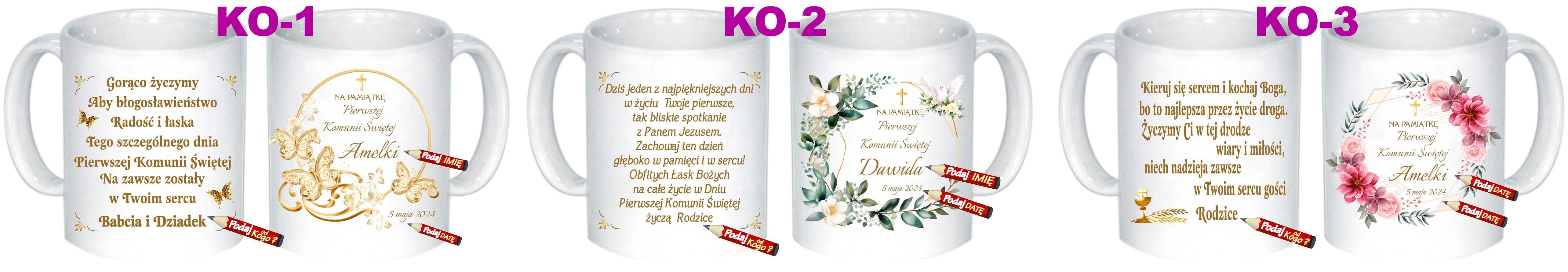 Kubek Pierwsza I Komunia Święta pamiątka imię z Imieniem WZORY