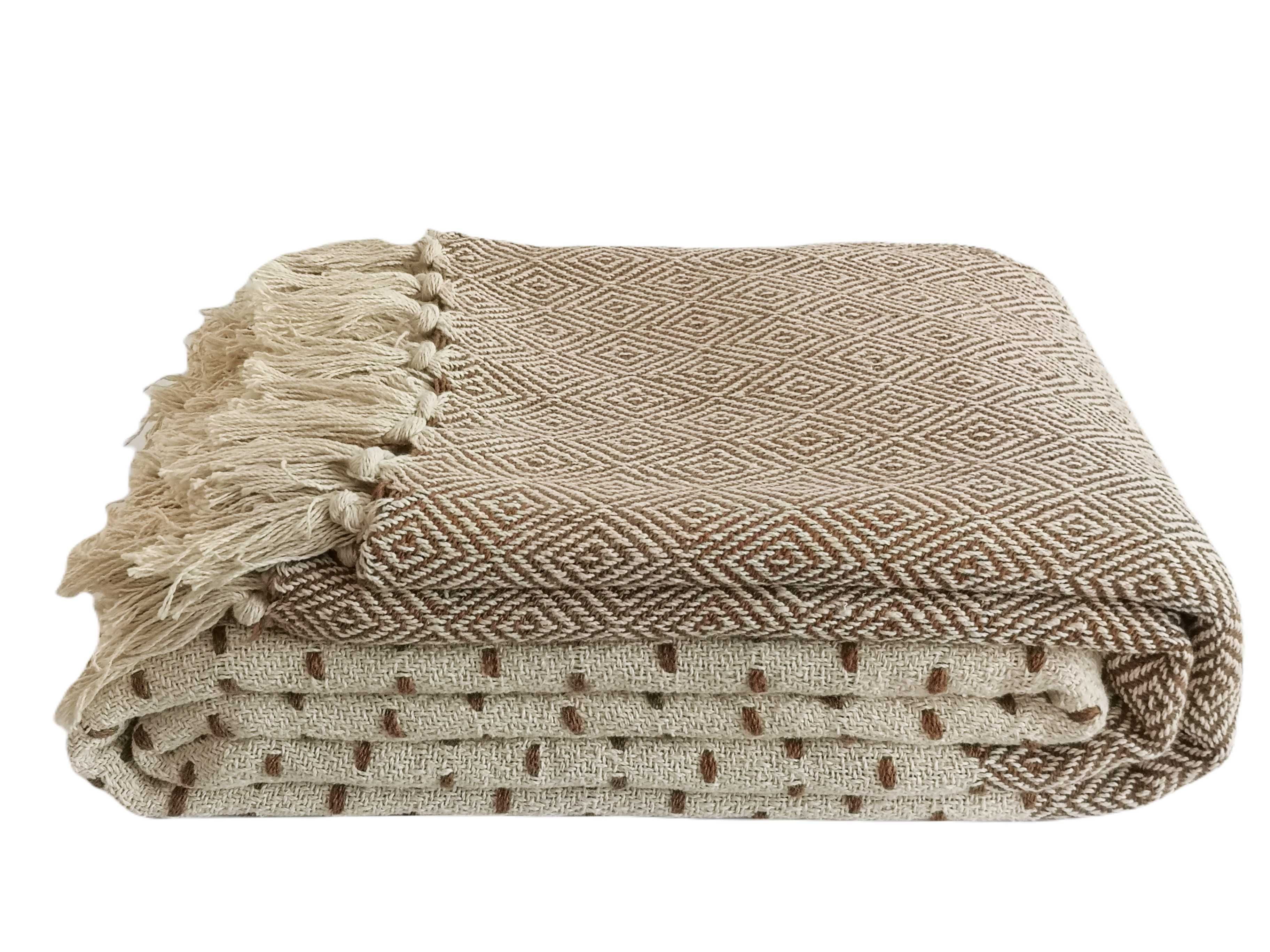 Narzuta bawełniana 200x220 etno nordic z frędzlami do sypialni brąz