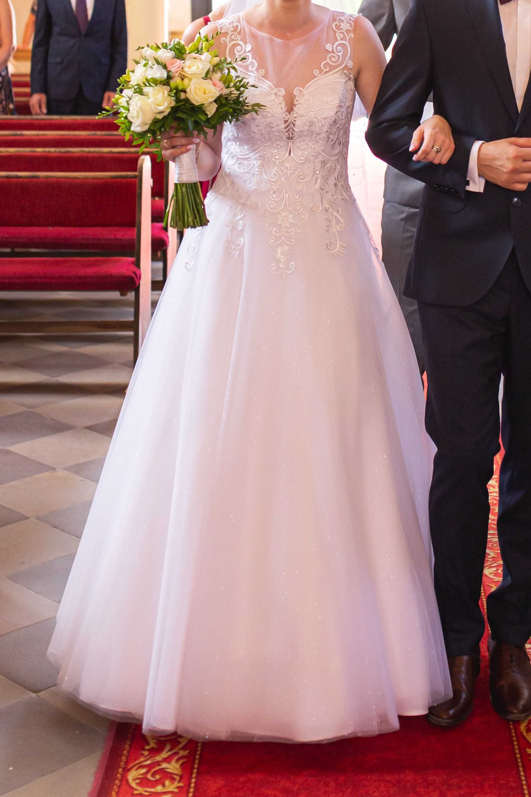 suknia ślubna w rozmiarze 36/38, biała z warstwą brokatowego tiulu