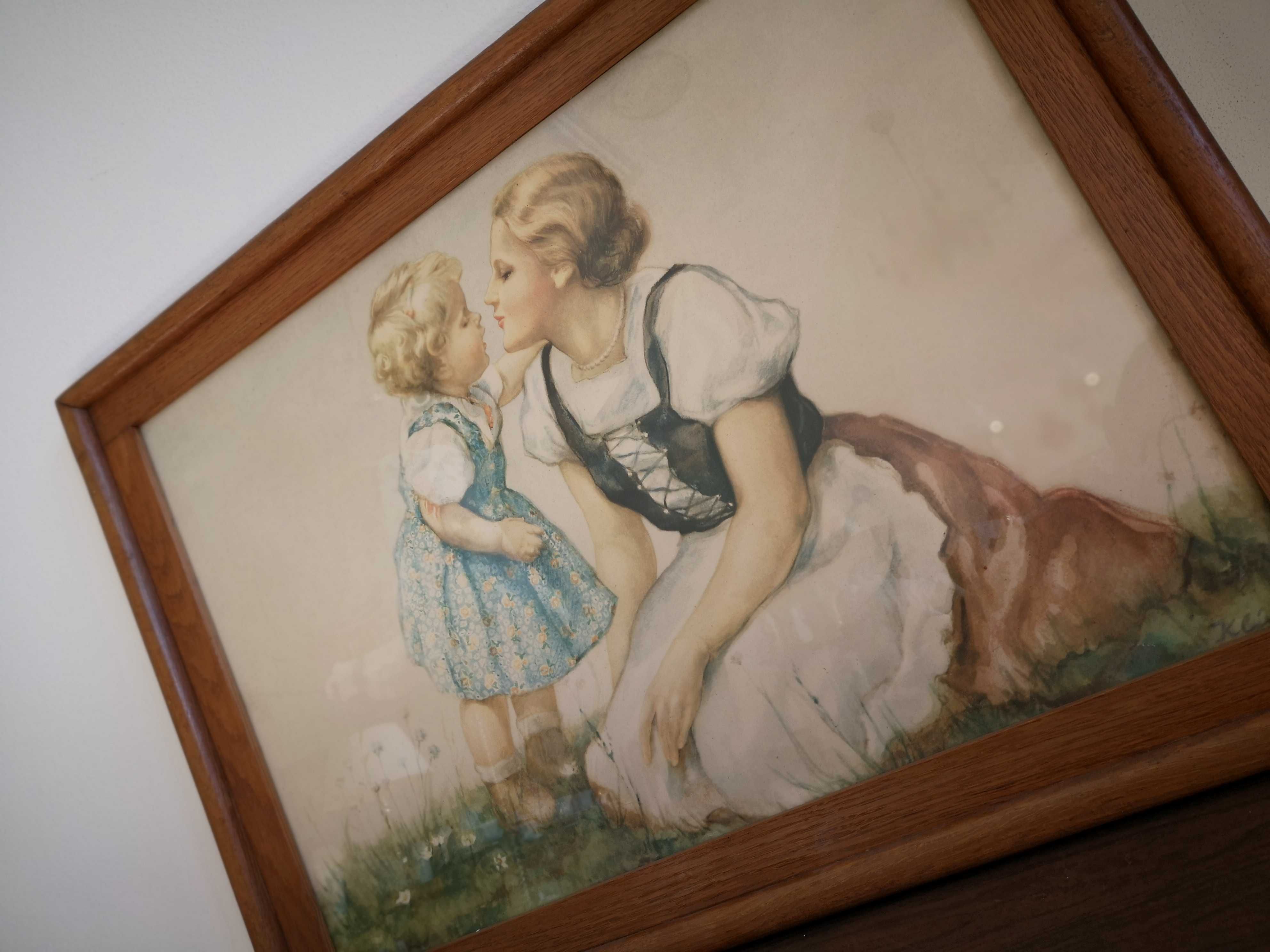 Piękny duży obraz w drewnianej ramie, kobieta z dzieckiem 83x61,5cm