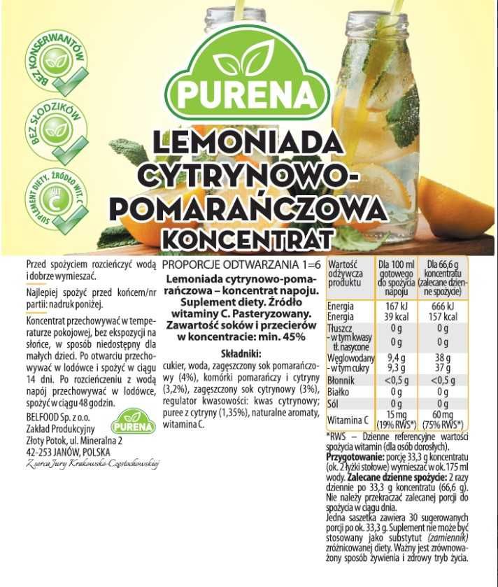 PURENA Lemoniada Cytryna Pomarańcz 1kg/6L