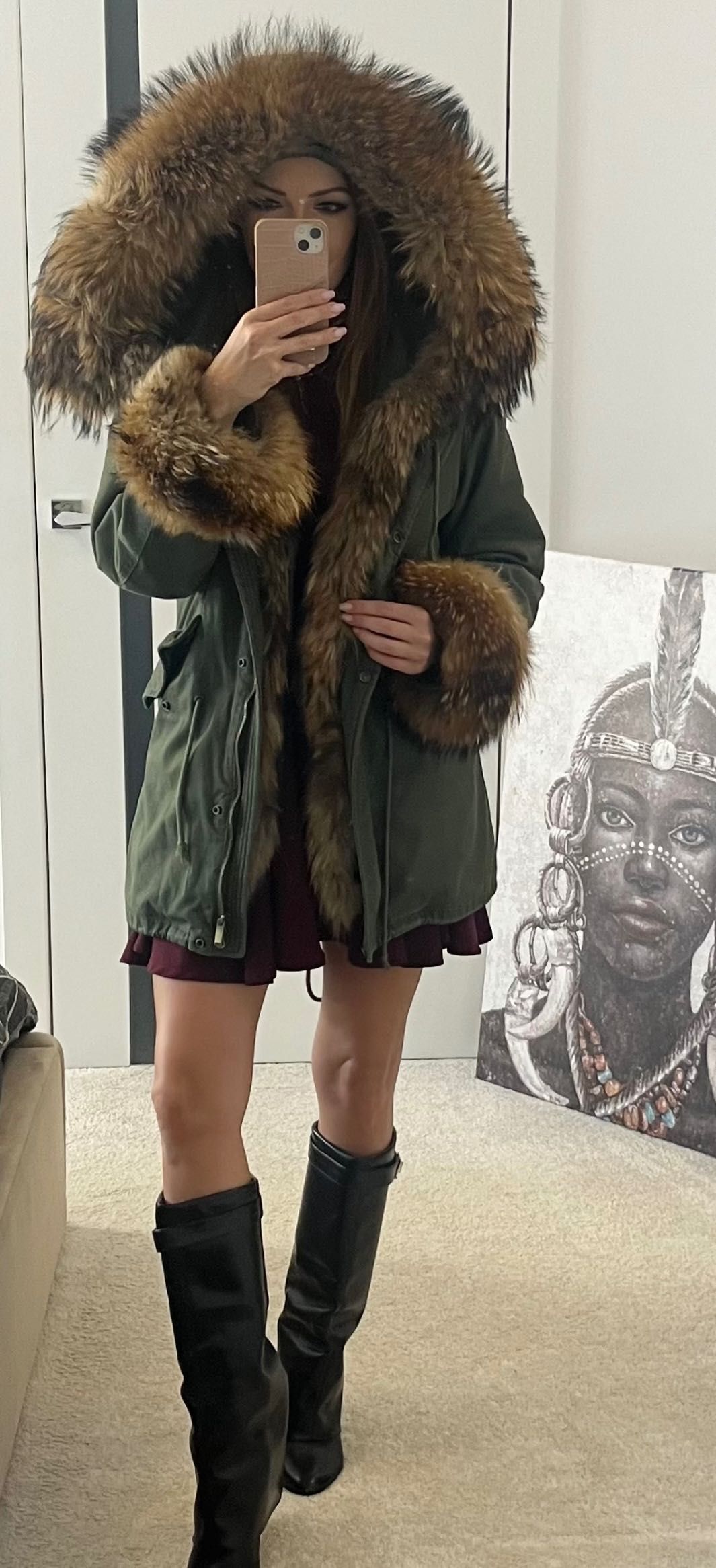 Płaszcz zimowy zielony khaki S/M parka z futerkiem jenotem kapturem