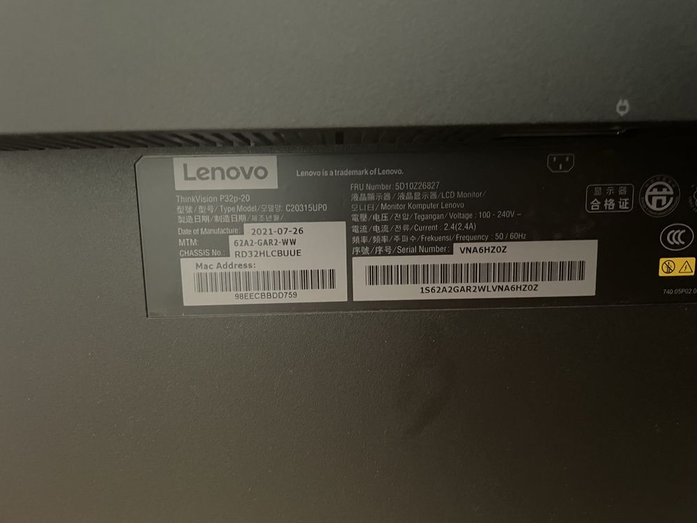 Monitor LENOVO ThinkVision P32p-20 32" 4K UHD 4ms
