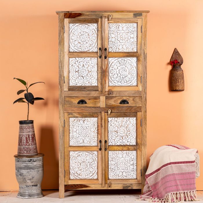 Szafa drewno mango bielona jasna szuflady szafka boho wiejski mandala