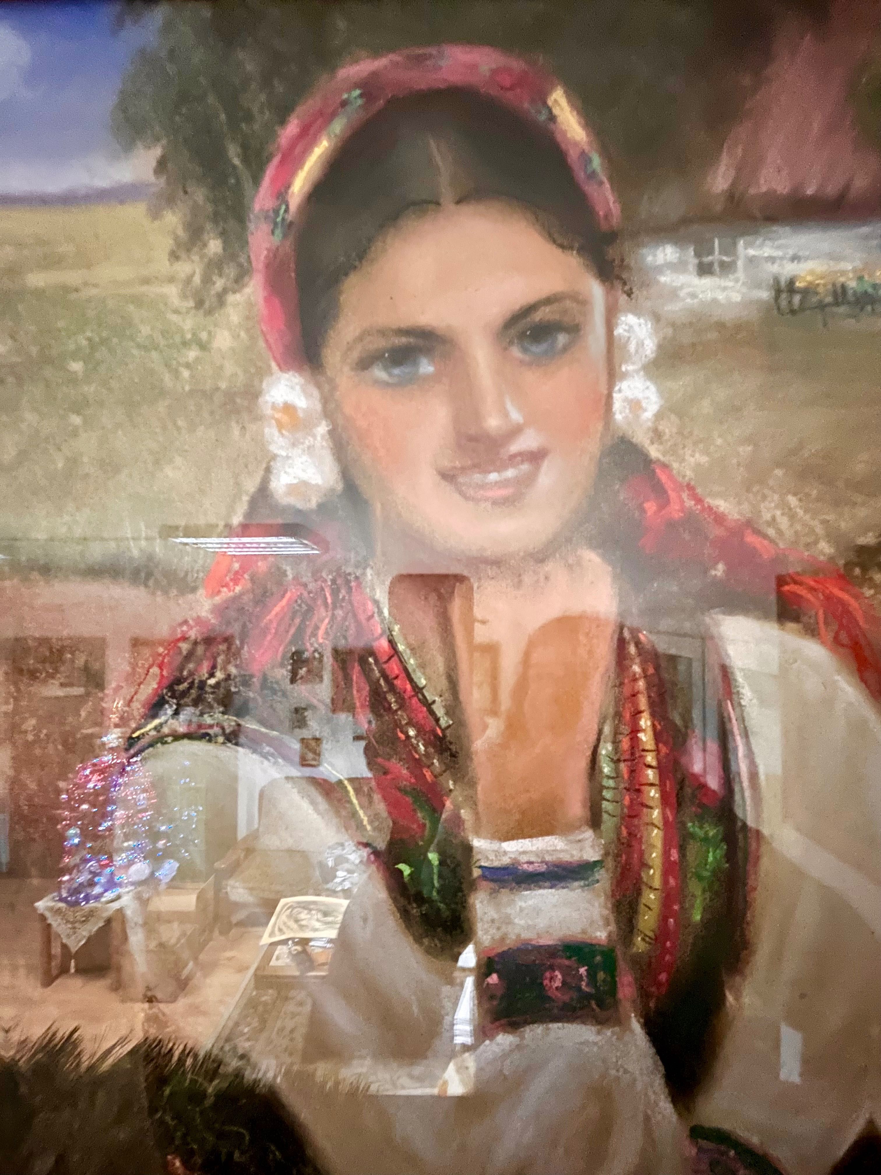 Antyczny stary obraz Pastel duży góralka krakowianka portret kobiety