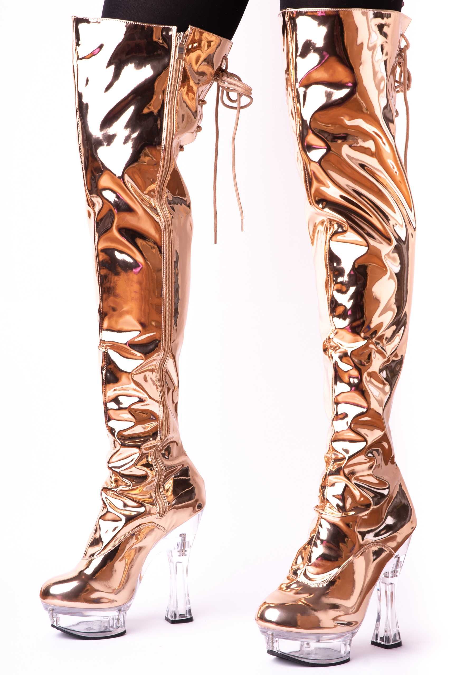 Buty kozaki złote wysokie erotyczne wiązane błyszczące platformy 44