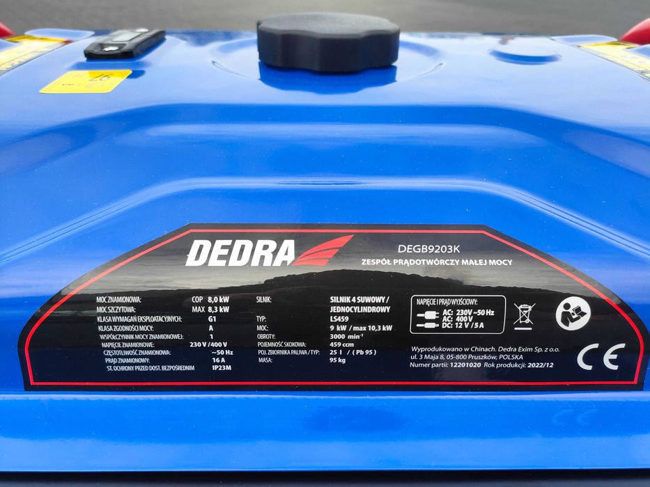 Agregat prądotwórczy, DEDRA DEGB9203K moc max. 8,3kW,miedziane zwojene