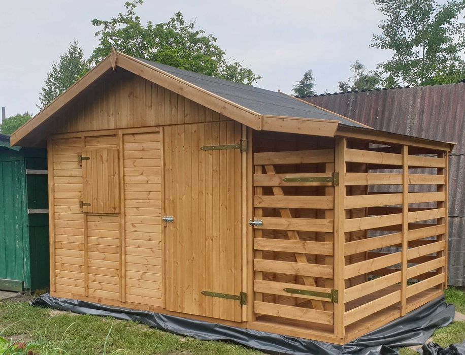 Domek ogrodowy drewniany 3×3 m z drewutnią 1×3 m Drewutnia Szopa 12m2