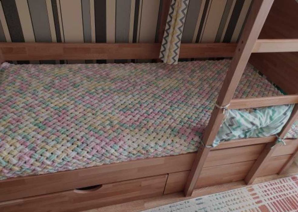 Двоярусне ліжко бук з шафою, шухлядою, дерев'яне дитяче ліжко, матрац