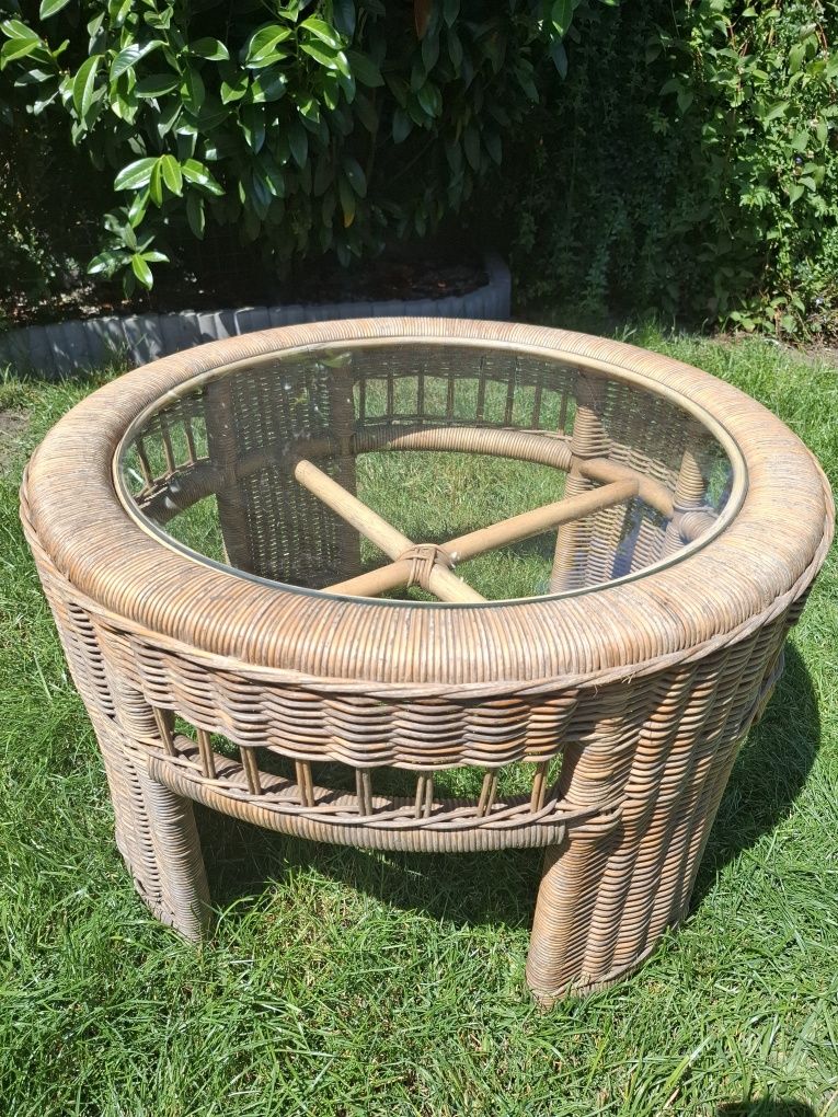 Stolik kawowy ratanowy 75cm, szklany blat