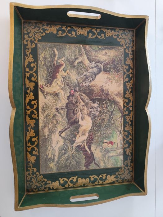 Drewniana taca z grafiką myśliwską ozdobna