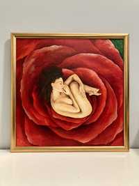 Kobieta w róży - obraz na płótnie / rama lite drewno
