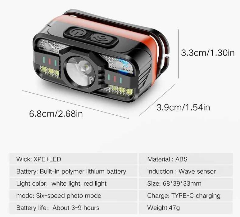 Фонарь налобный Ліхтар светодиодный белый красный LED COB сенсор 18650