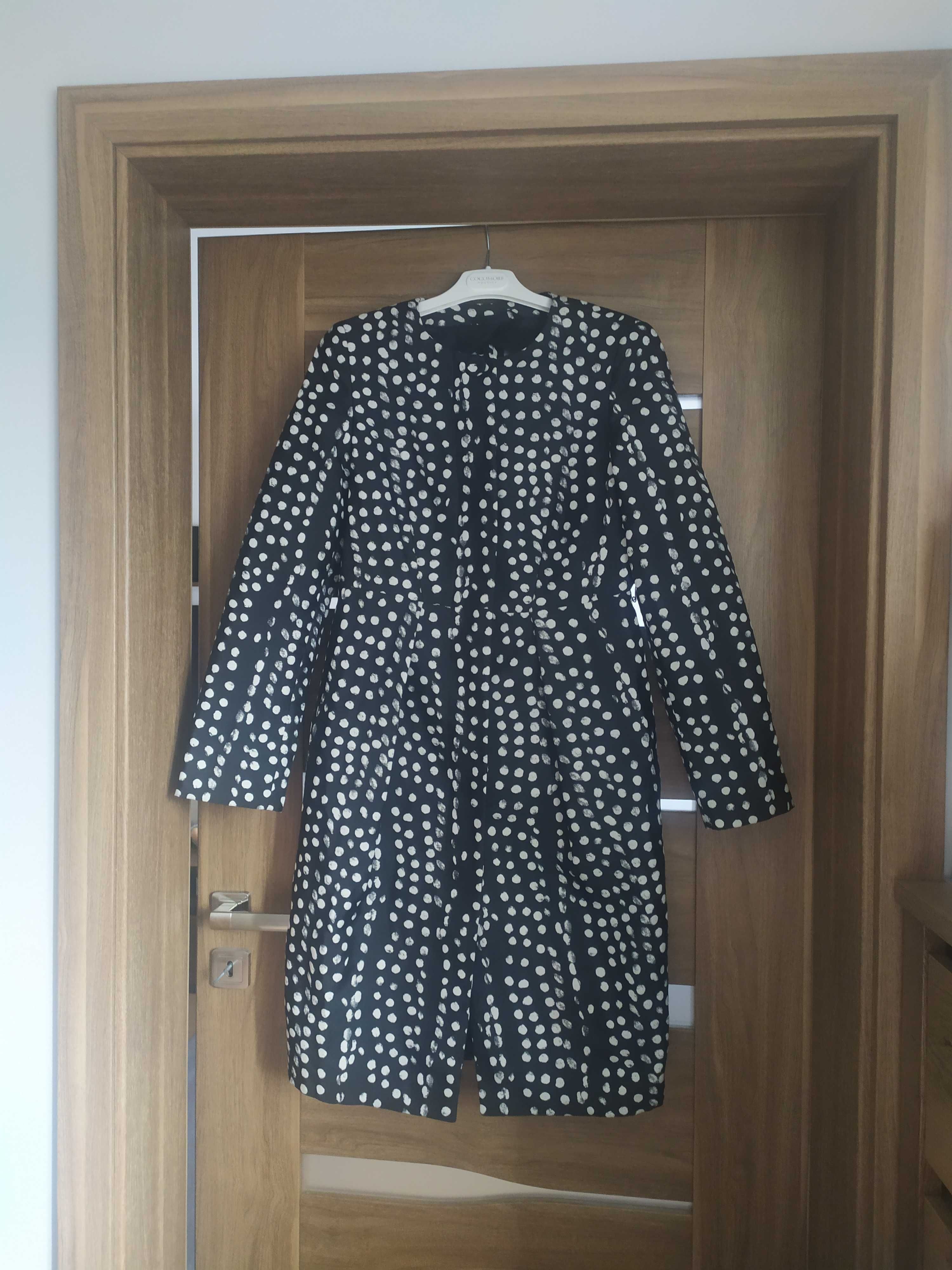 Elegancki płaszcz Max Mara 38 M czarny białe grochy kropki jesienny