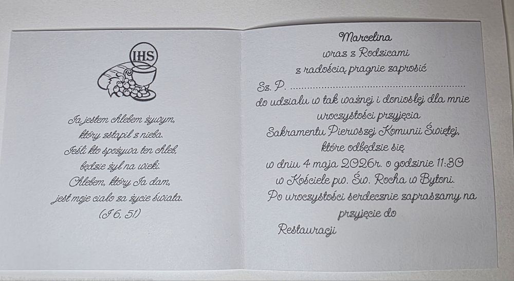 Zaproszenie na Pierwszą Komunie Świętą