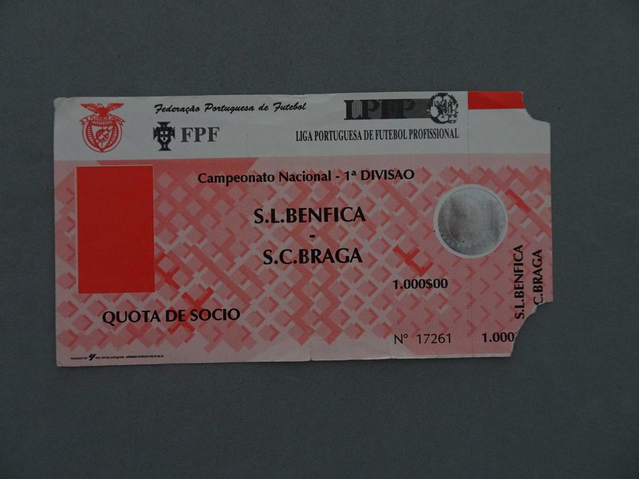Bilhete de futebol Benfica Braga Campeonato Nacional 1ª divisão