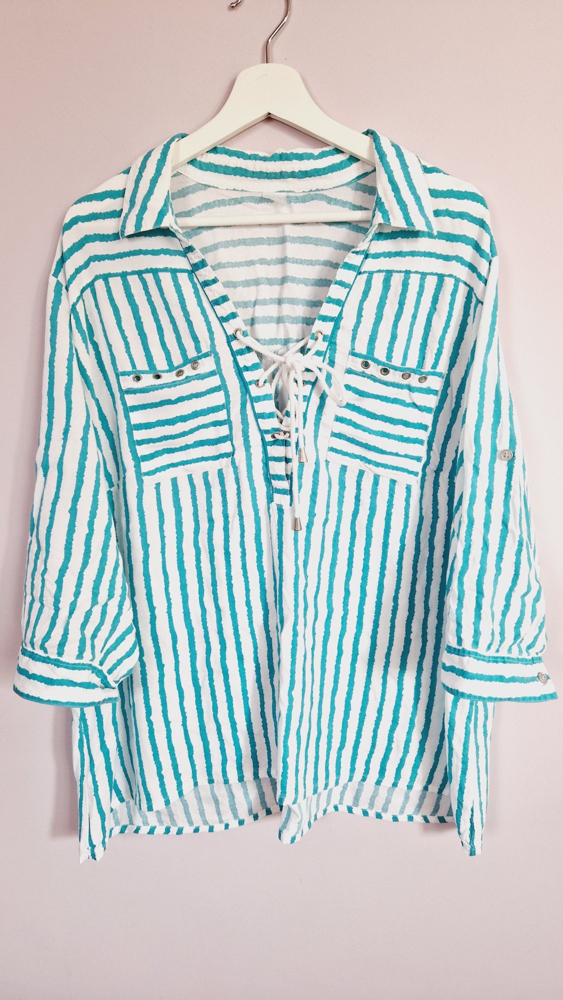 Bluzka w paski w stylu marynarskim podwijane rękawy plus size XL-4XL