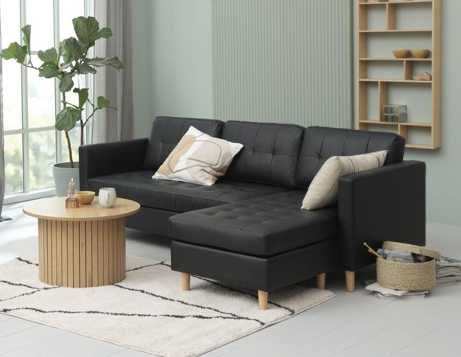 sofá com chaise-longue, pele sintética preta, modelo único, como novo