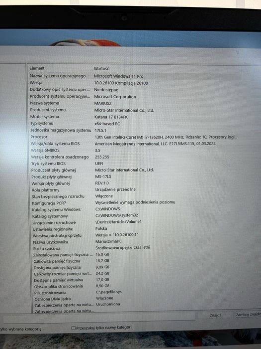 Laptop MSI 17 cali i7-3620 rtx 4060 16gb ram 1 TB Jak nowy
