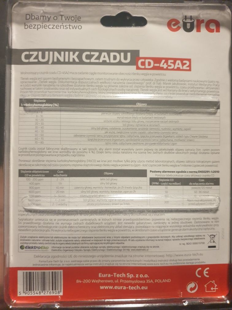 Czujnik czadu nowy EURA CD-45A2 certyfikat czujnik tlenku węgla