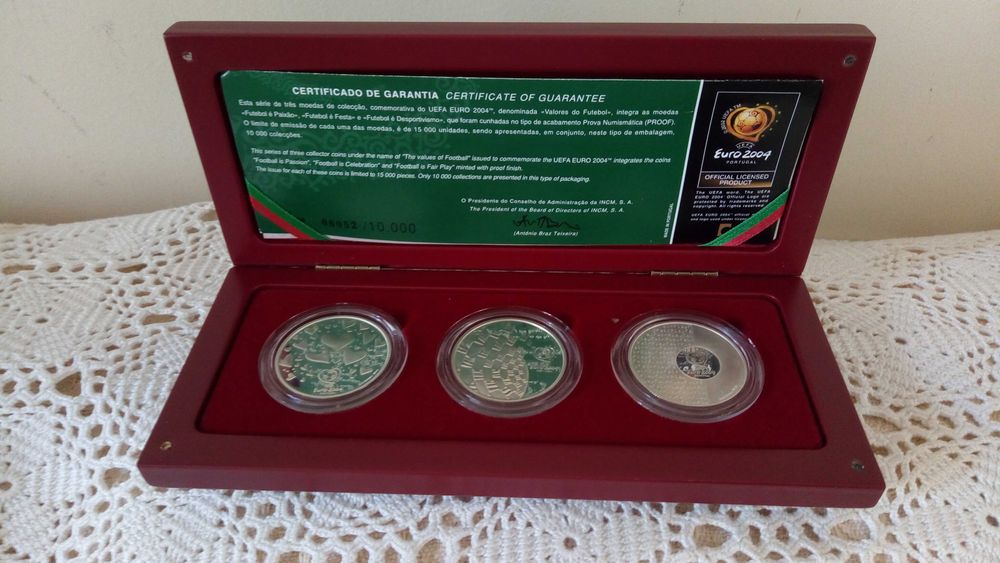 Pack de 3 Moedas do Euro 2004 os Valores do Futebol, Prata Proof