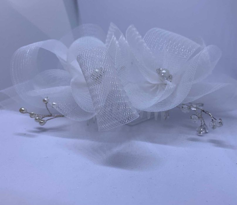 nowy efektowny fascynator ślubny kwiaty perły bardzo duży dodatek glam