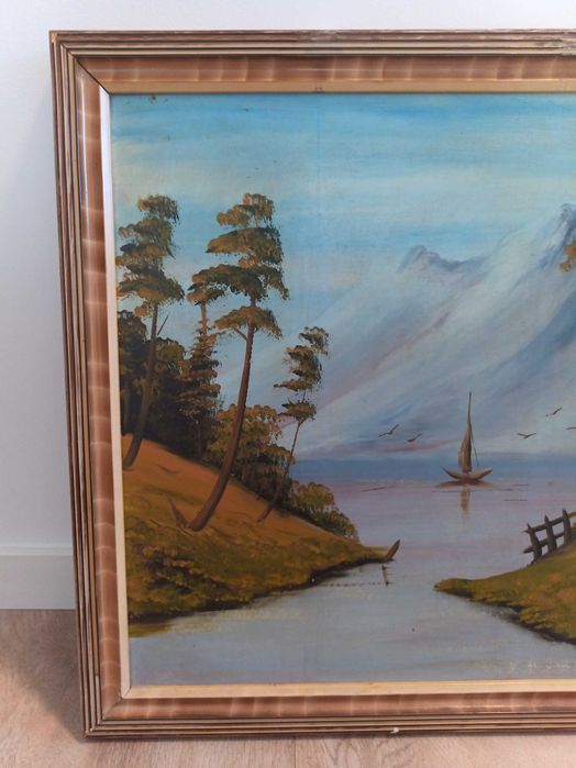 Obraz olejny Chata nad Jeziorem / MK 1984 / drewniana rama / 86 x 56,3