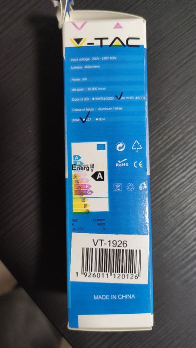 Lâmpada PL LED E27 6W 480lm 270º 4500K Branco Neutro V-TAC VT-1926