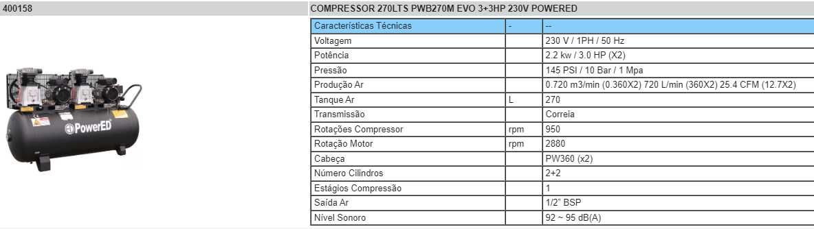 Compressor Power ED 270 lts 2 cabeças monofásico