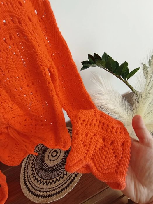 Pomarańczowy ażurowy sweterek ze ściągaczem na lato XS S nowy
