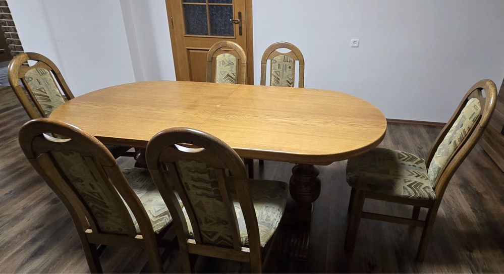 Elegancki komplet: stół dębowy rozkładany 183/248cm/91cm + 6 krzeseł
