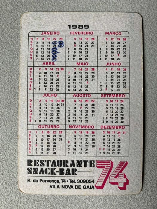 Calendários de 1989 - Carros (preço unitário)