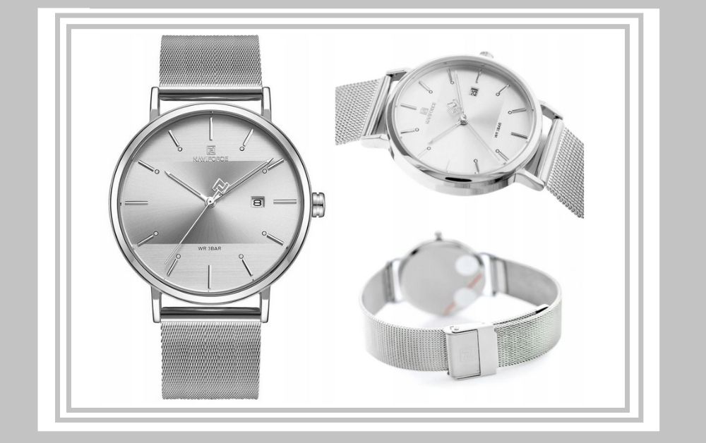 Elegancki Srebrny Zegarek Naviforce Męski Damski Bransoleta Pudełko