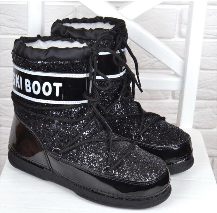 Дутики жіночі на овчині місяцеходи moon boots зимові чоботи чорні