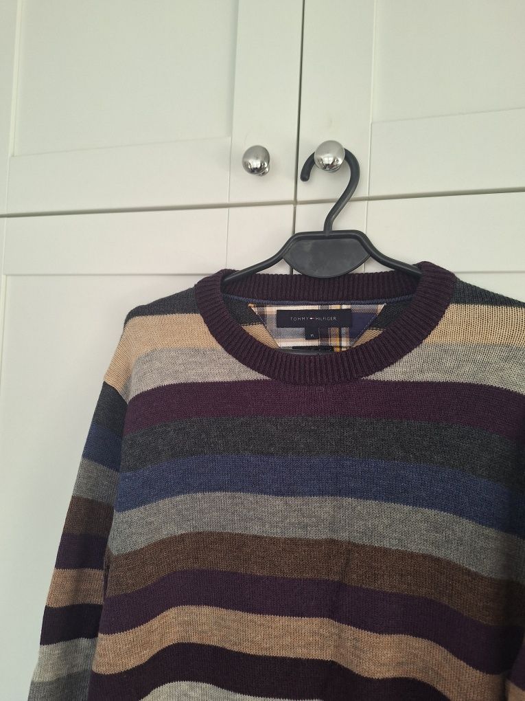 Luksusowy oryginalnn sweter męski tommy hilfiger jeans w paski casual