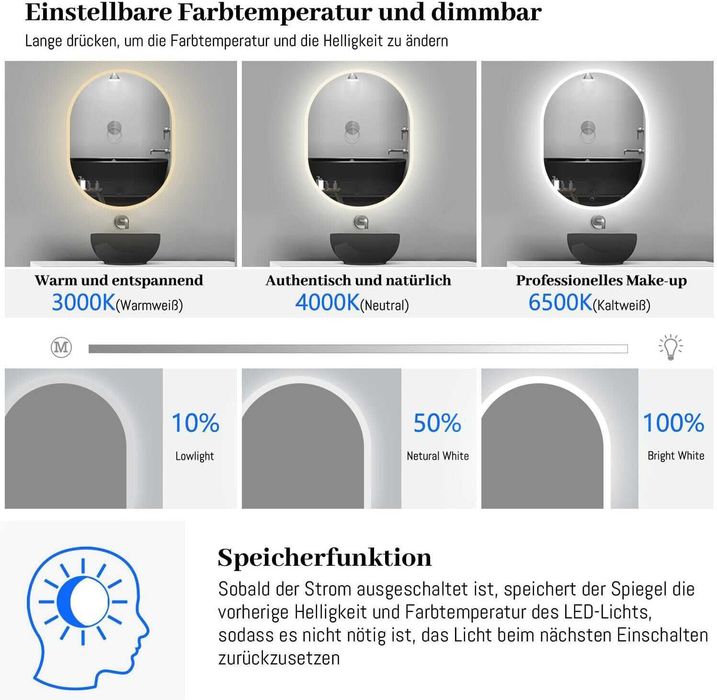 m2629. Lustro Łazienkowe Ścienne Owalne Led 50x70
