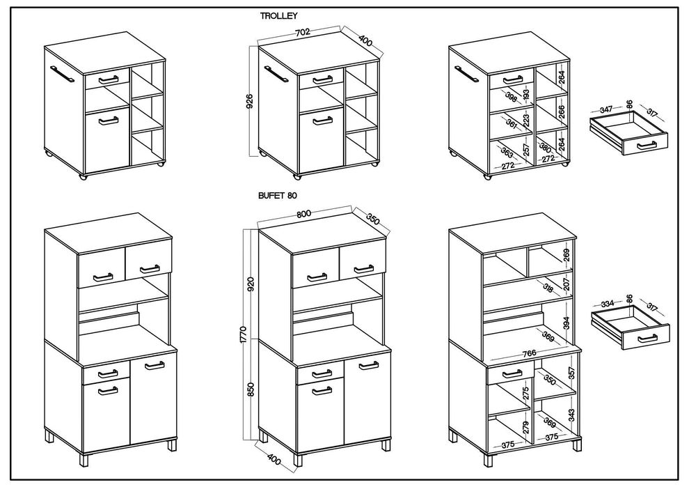 Bufet Kredens Kuchenny Linda Antracyt Zestaw  + Blaty