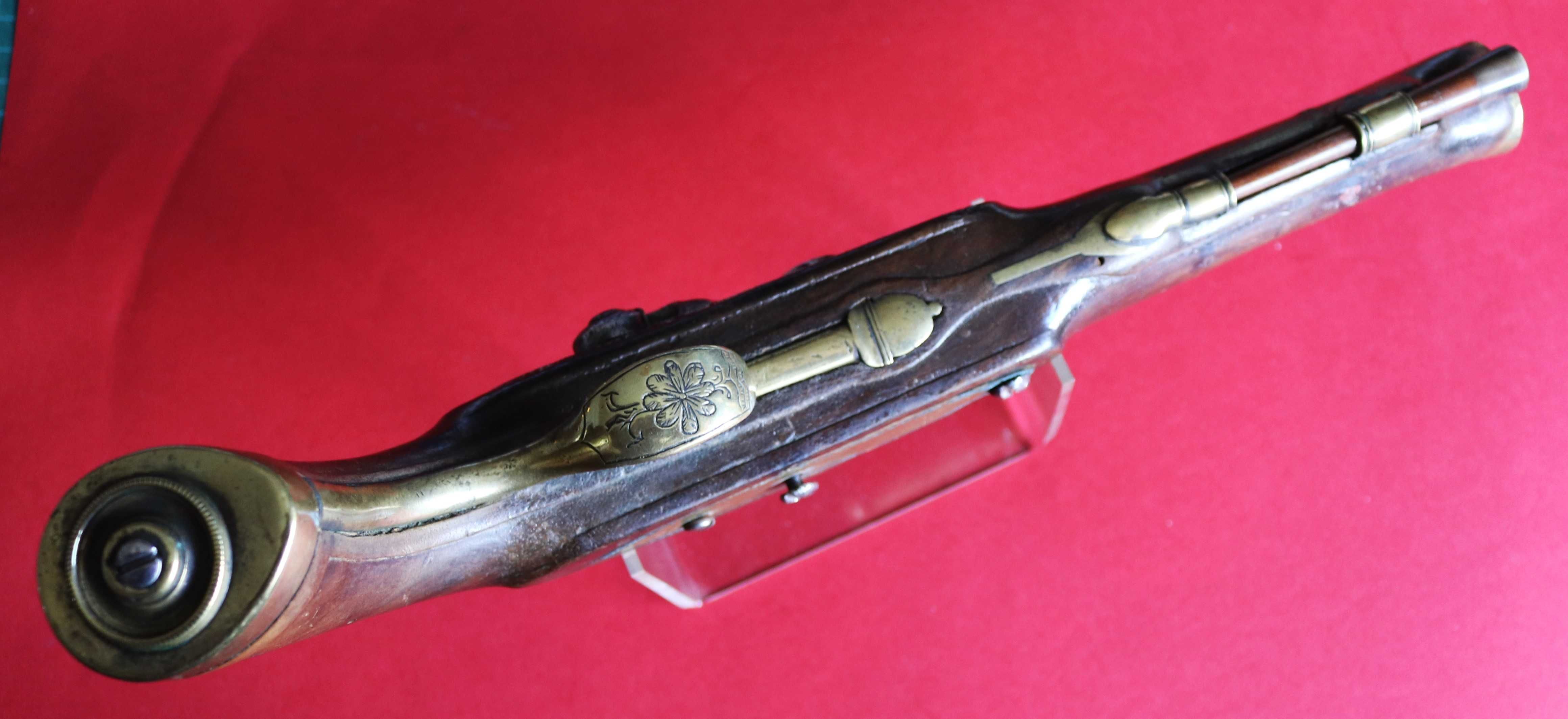Pistola de percussão portuguesa cano bronze boca de sino rara