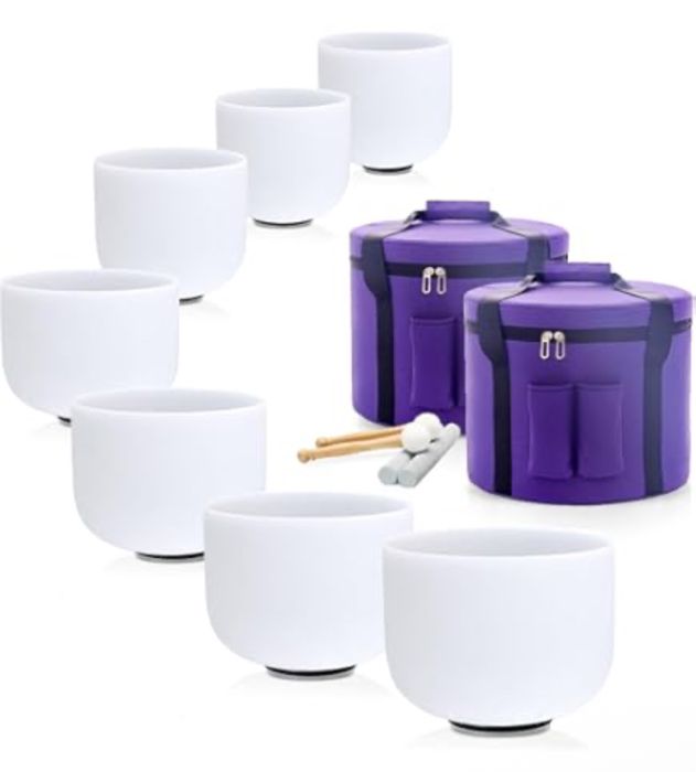 Białe misy kryształowe 7 sztuk 432hz 7’’–12’’ + 2x torba