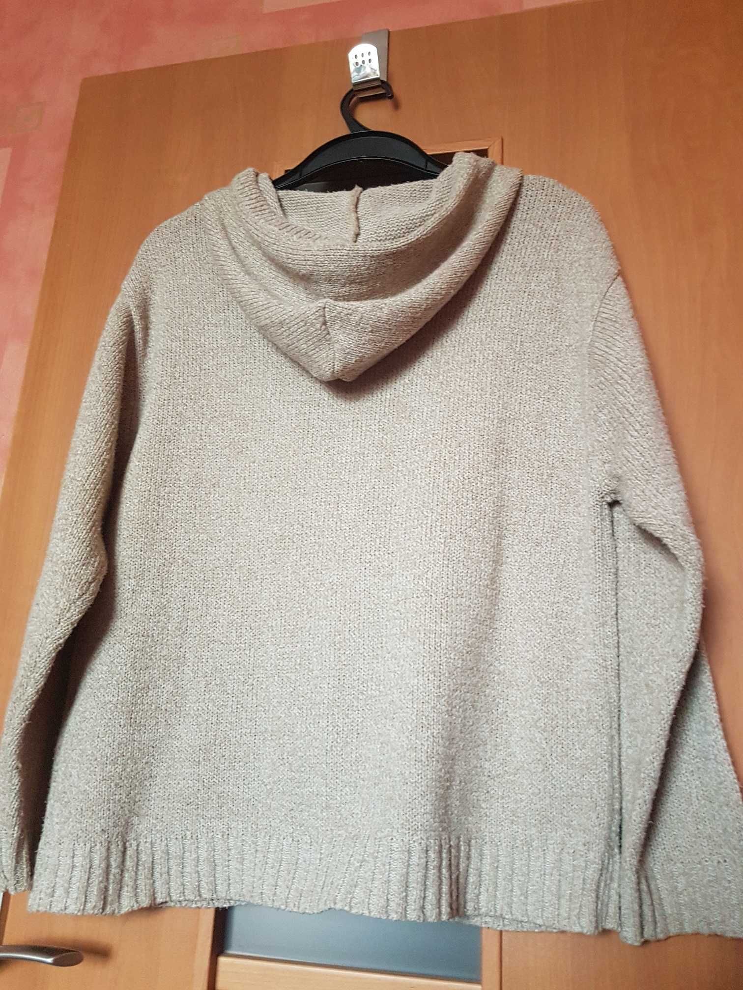 Sweter beżowy z kapturem, bluza na zamek, kieszenie, Neutrale XL