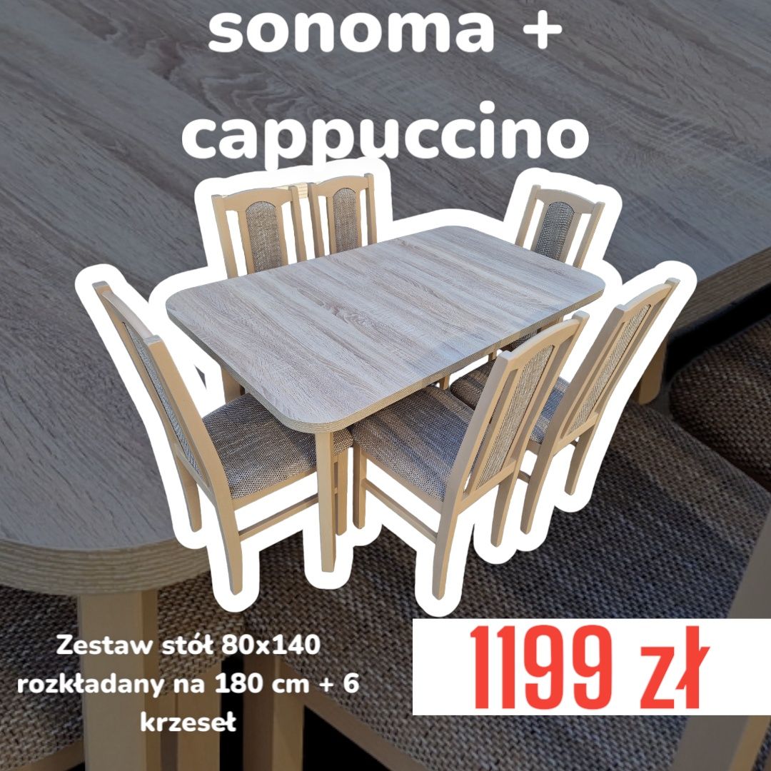 Nowe: Stół 80x140/180 + 6 krzeseł, sonoma + cappuccino , transPL