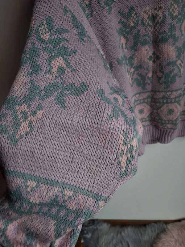 Sweter liliowy fioletowy vintage unikat we wzory oversize 36 38 40