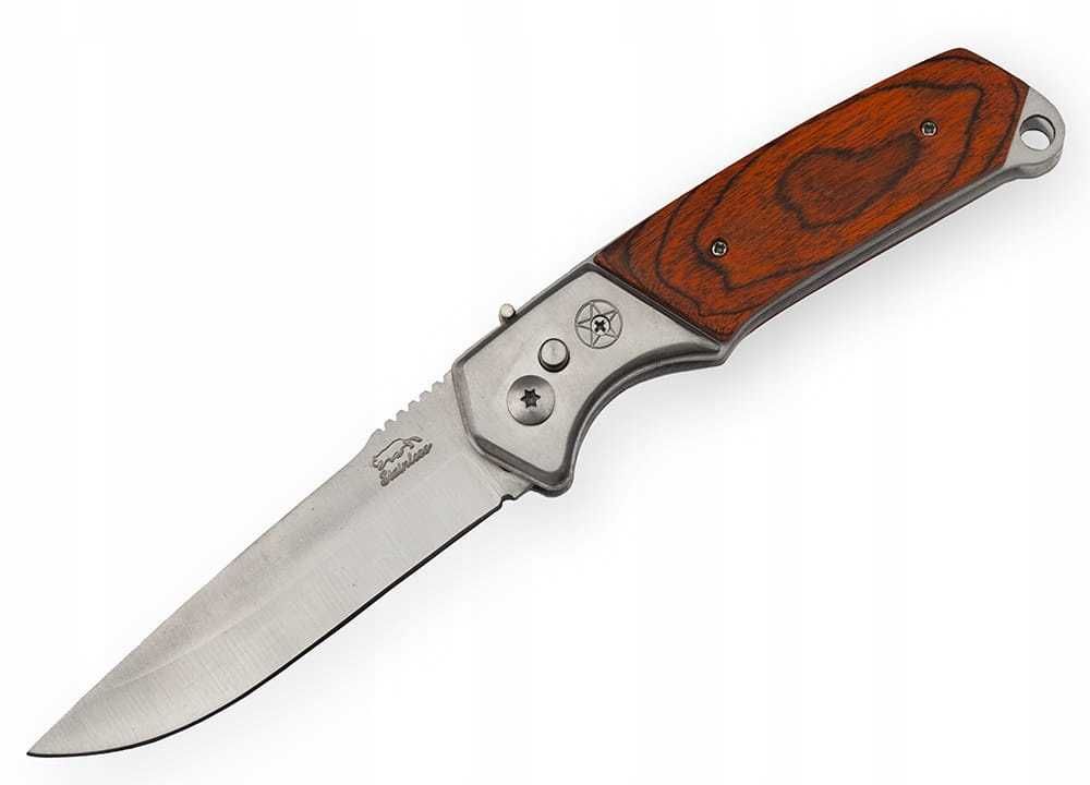 nóż sprężynowy składany drewno stal nierdzewna 420 pokrowiec N-508C