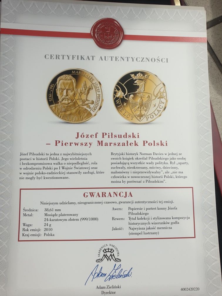 Moneta Marszałek Józef Piłsudski certyfikat